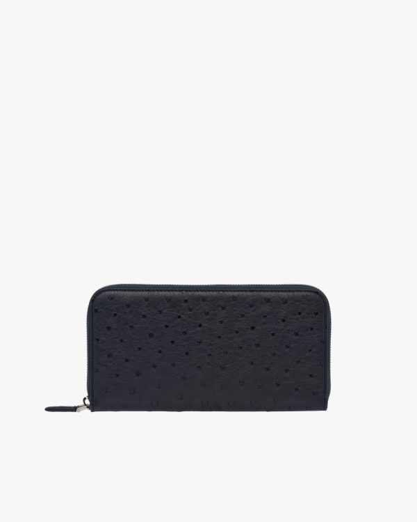 Navy Ostrich Leather Zip Around Wallet