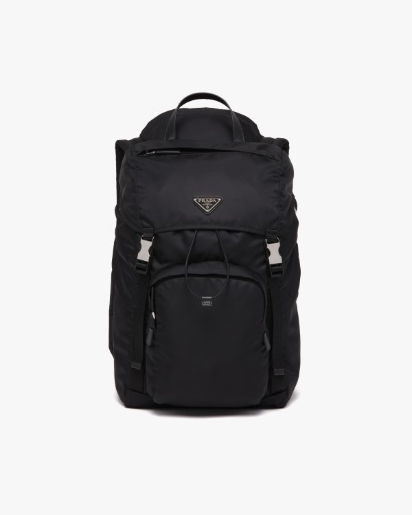 Black Re-Nylon and Saffiano leather backpack with hood