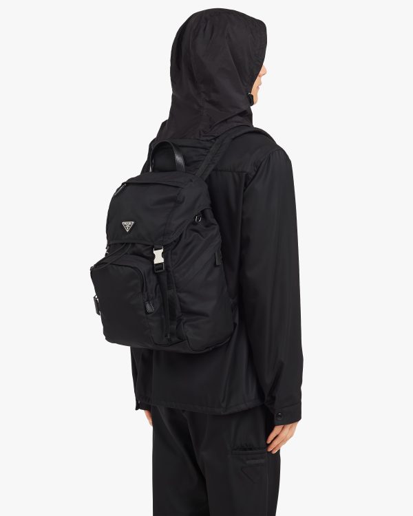 Black Re-Nylon and Saffiano leather backpack with hood - Image 2