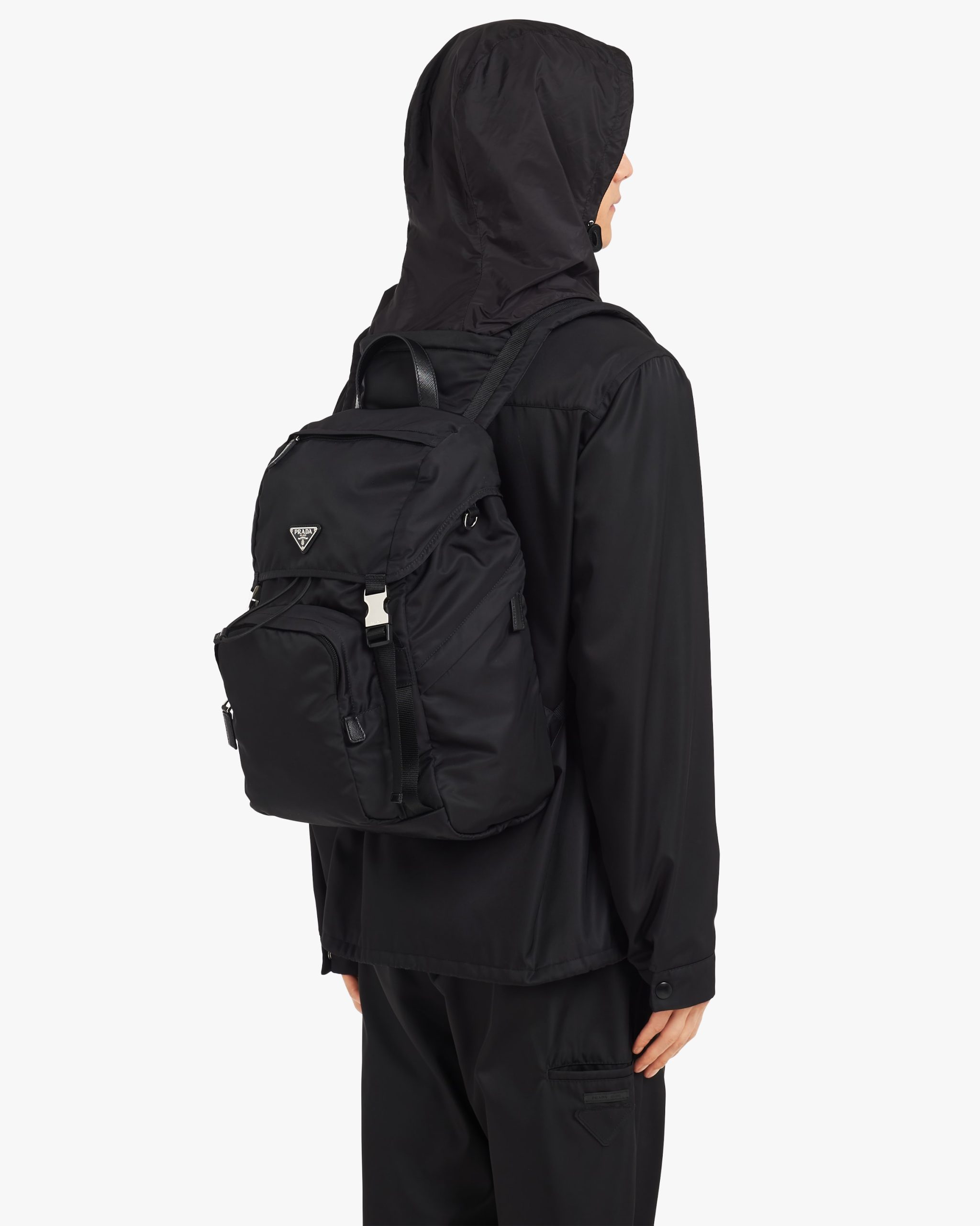 Black Re-Nylon and Saffiano leather backpack with hood - Fake Prada Store