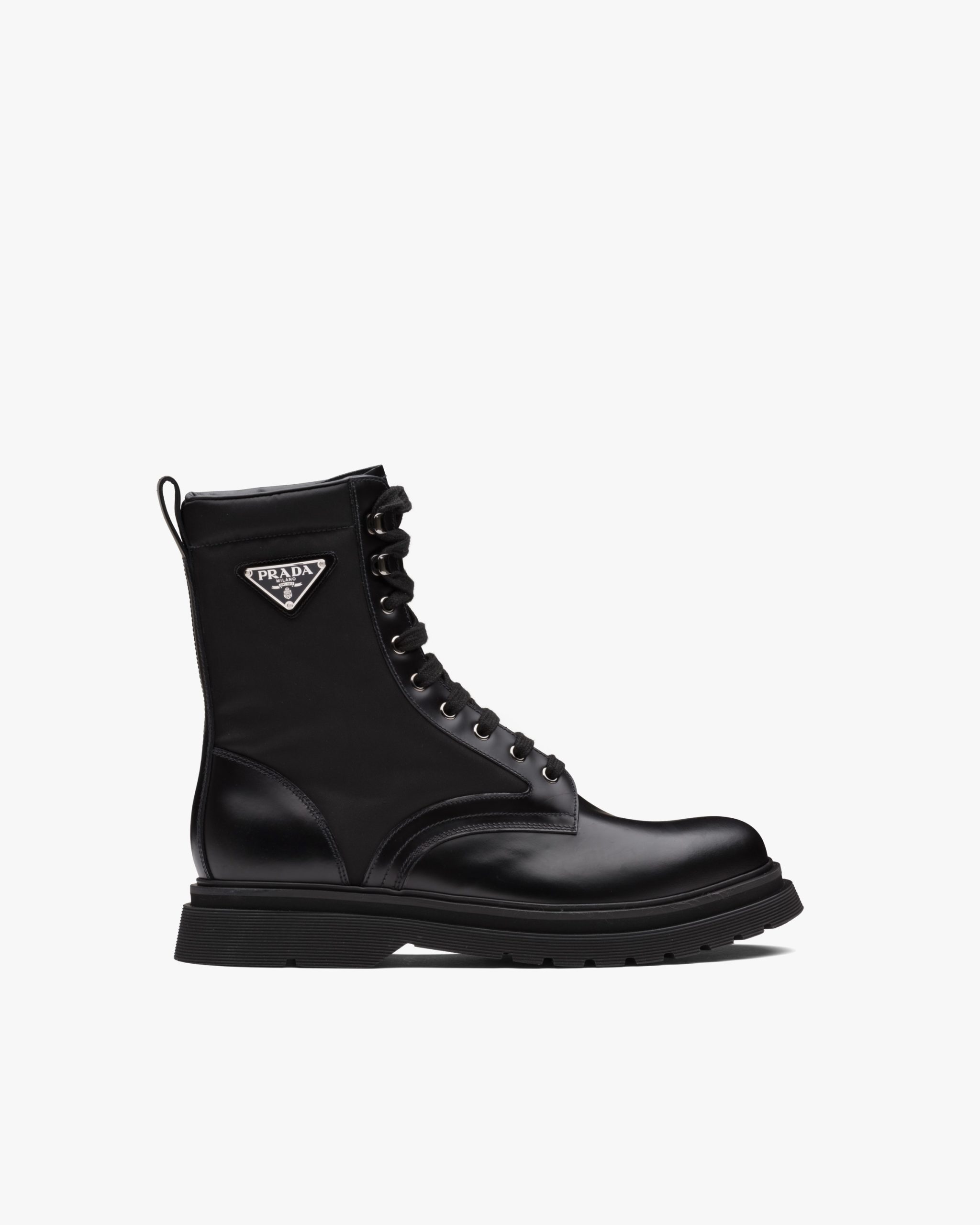Black Brushed leather and nylon combat boots - Fake Prada Store