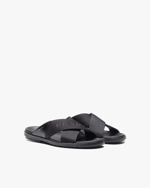 Black Brushed leather and nylon tape crisscross slides