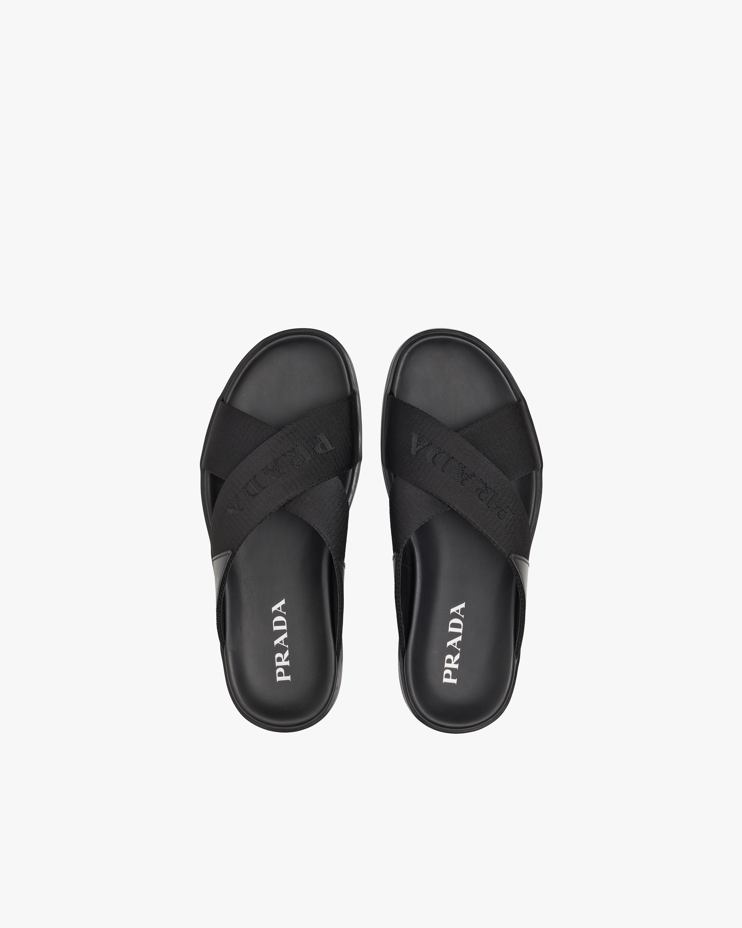 Black Brushed leather and nylon tape crisscross slides Fake Prada Store