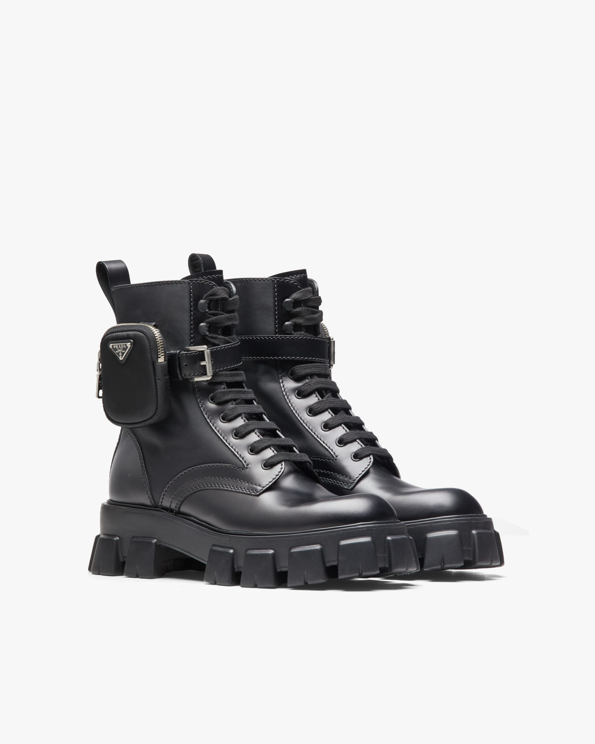 Black Monolith brushed leather and nylon combat boots - Fake Prada Store