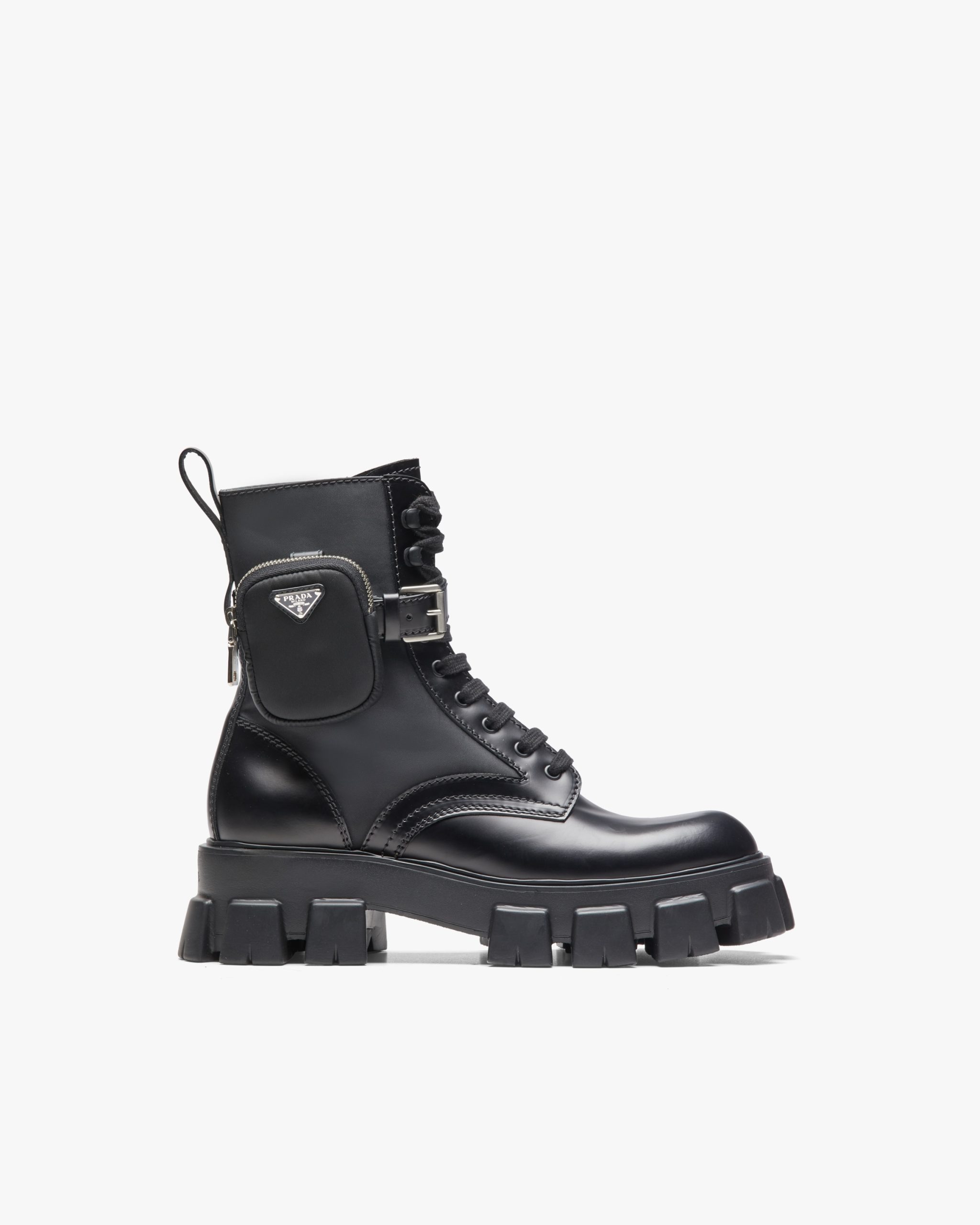 Black Monolith brushed leather and nylon combat boots - Fake Prada Store