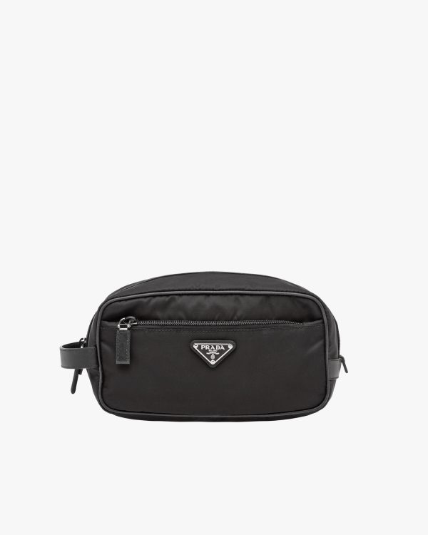 Black Re-Nylon and Saffiano leather travel pouch