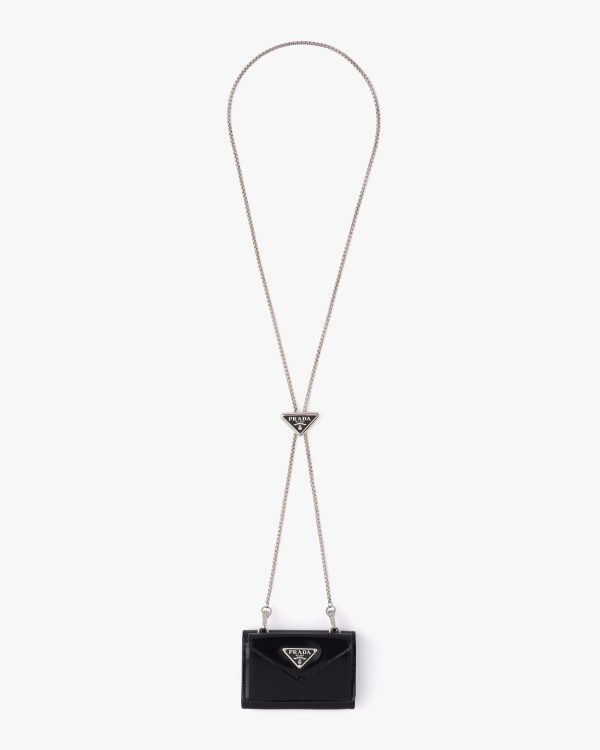 Black Brushed leather card holder with shoulder strap