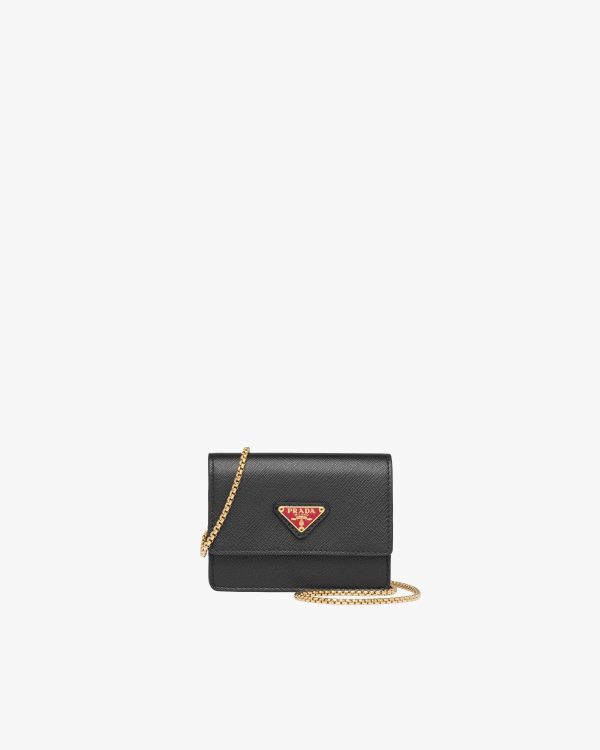 Black/fiery Red Saffiano leather card holder with chain