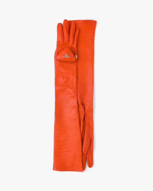 Orange Long nappa leather gloves with pouch