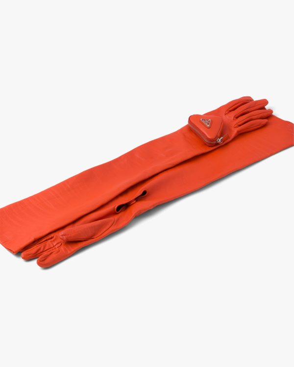 Orange Long nappa leather gloves with pouch - Image 3
