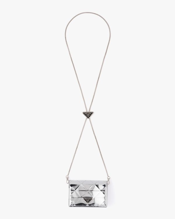 Silver Metallic leather card holder with shoulder strap