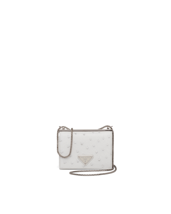White Ostrich leather card holder with shoulder strap