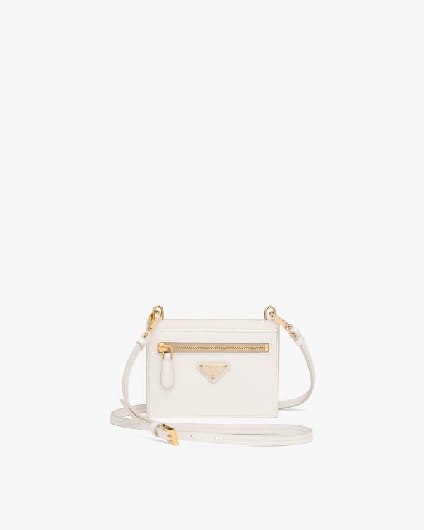 White Saffiano Leather Card Holder with Strap