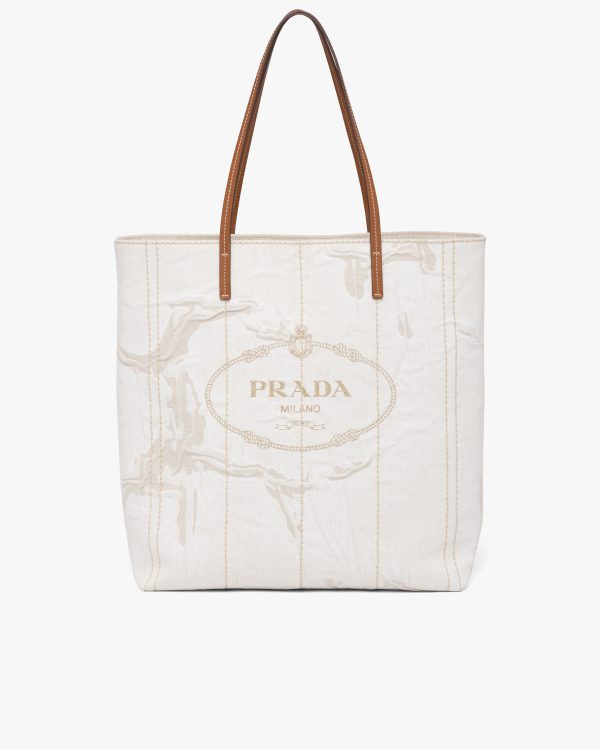 Beige/cognac Large Tote in Printed Linen Blend