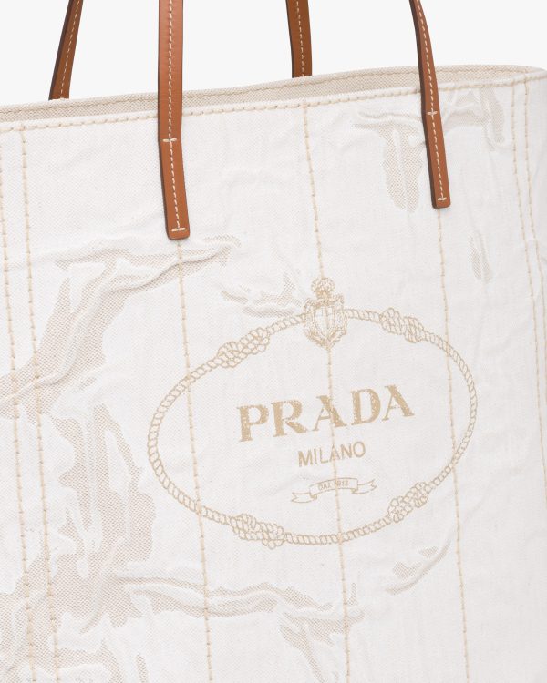 Beige/cognac Large Tote in Printed Linen Blend - Image 2