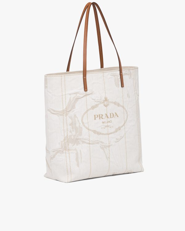 Beige/cognac Large Tote in Printed Linen Blend - Image 3