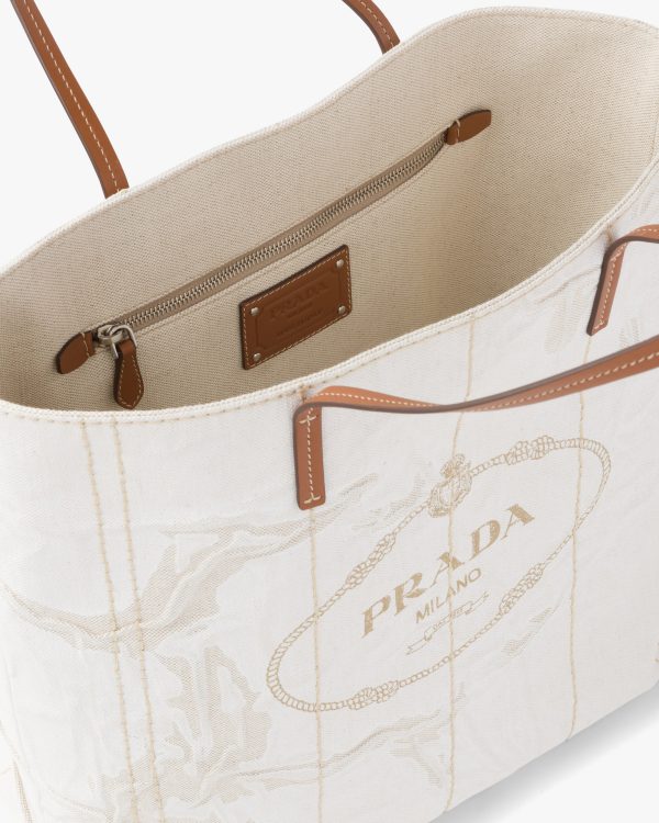 Beige/cognac Large Tote in Printed Linen Blend - Image 5