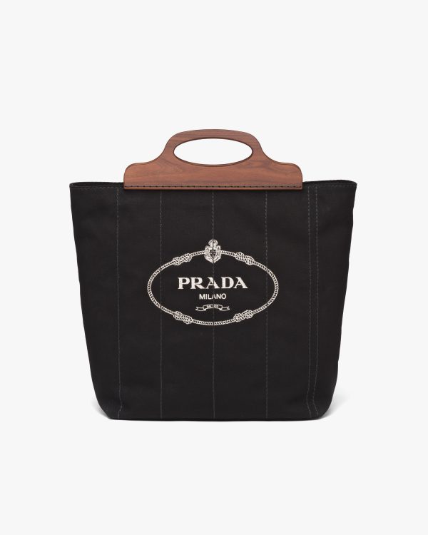 Black Medium Tote in Canvas and Wood