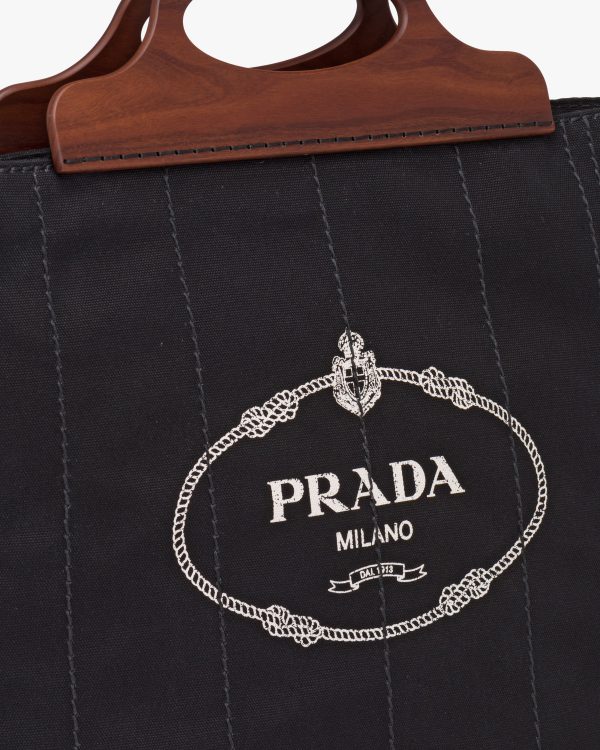 Black Medium Tote in Canvas and Wood - Image 2