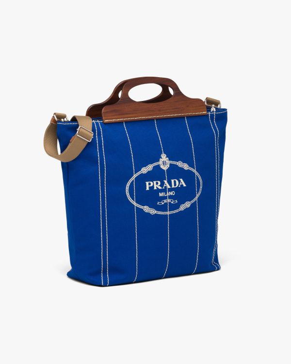 Cobalt Blue Medium Tote in Canvas and Wood - Image 3