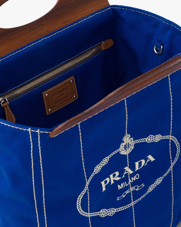 Cobalt Blue Medium Tote in Canvas and Wood - Image 5
