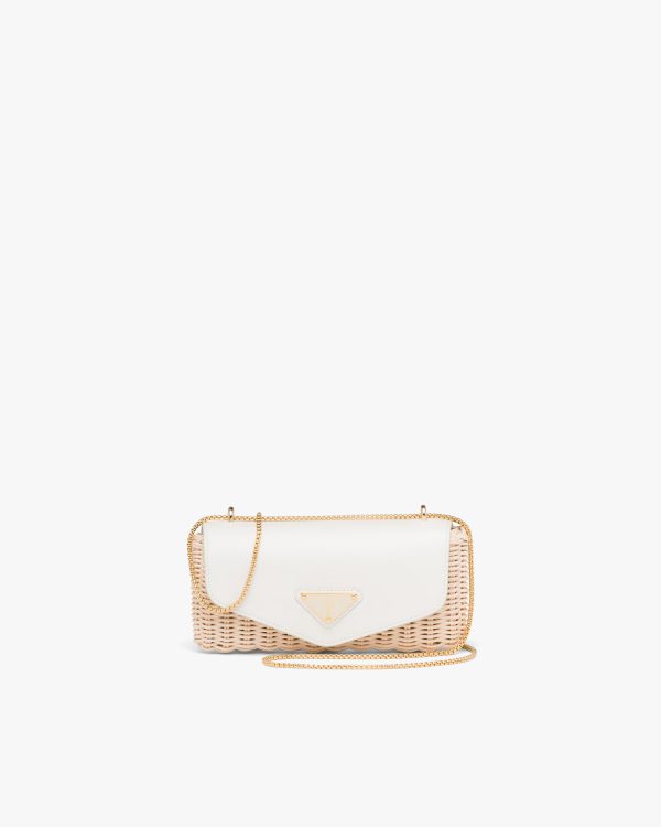 Tan/white Wicker and leather mini-pouch