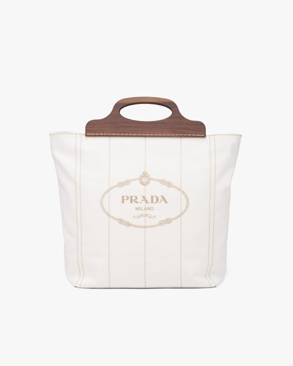 White Medium Tote in Canvas and Wood