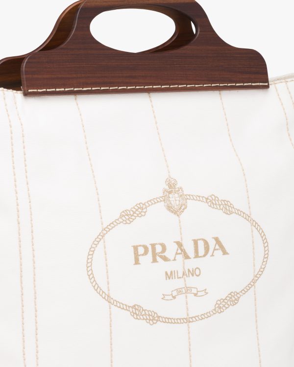 White Medium Tote in Canvas and Wood - Image 2