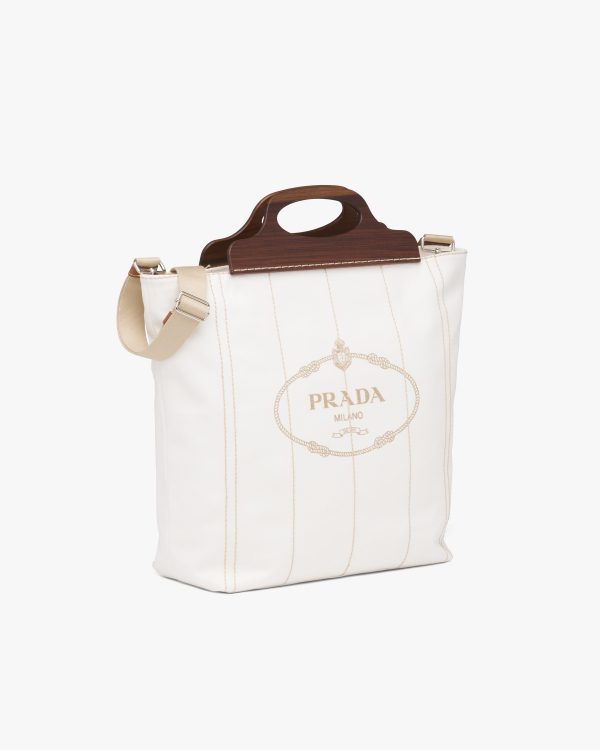 White Medium Tote in Canvas and Wood - Image 3
