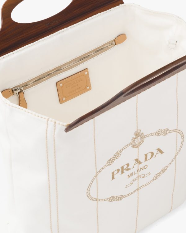 White Medium Tote in Canvas and Wood - Image 5