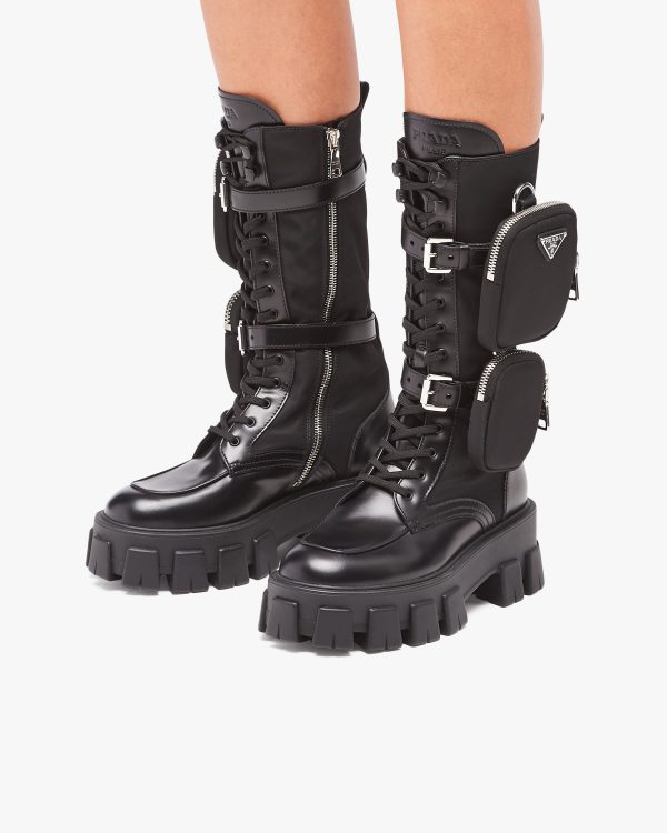 Black Monolith brushed rois leather and nylon biker boots - Image 5