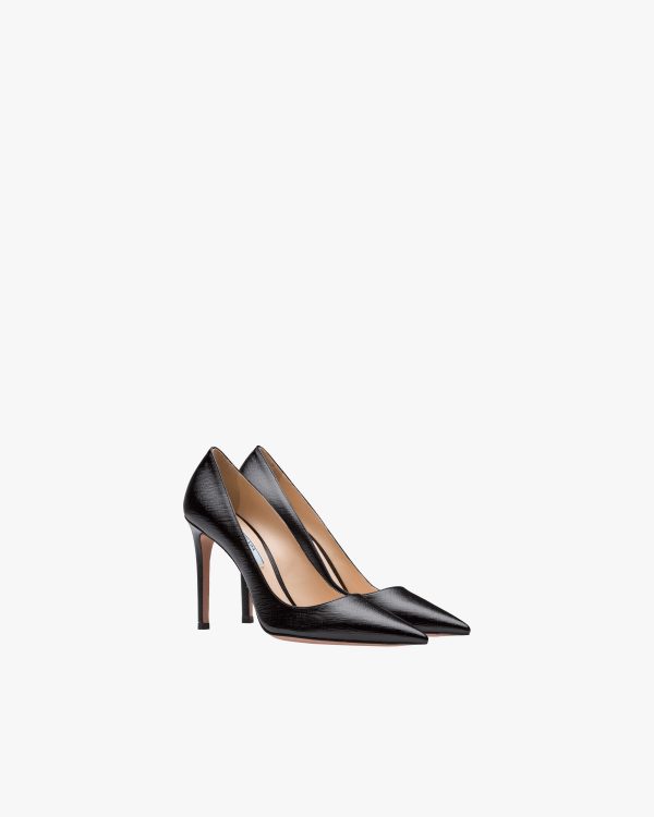 Black Saffiano textured patent leather pumps