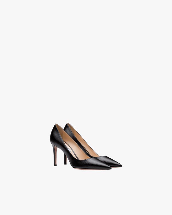 Black Saffiano textured patent leather pumps