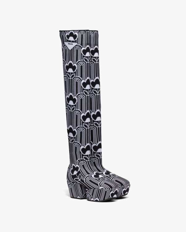 Black/white Jacquard knit over-the-knee platform boots