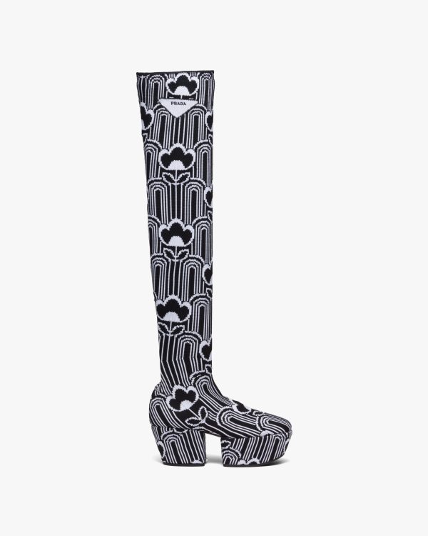 Black/white Jacquard knit over-the-knee platform boots - Image 2
