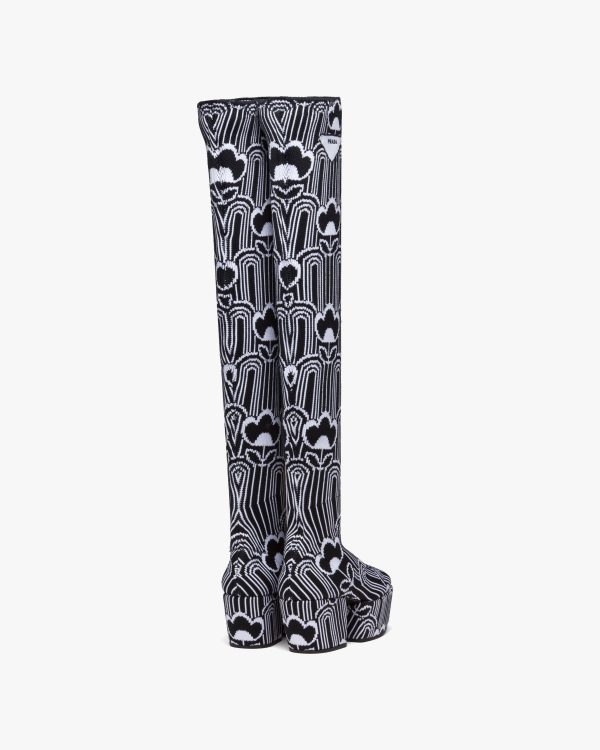 Black/white Jacquard knit over-the-knee platform boots - Image 3