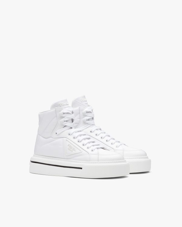 White Prada Macro Re-Nylon and brushed leather high-top sneakers